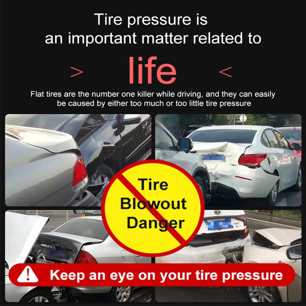 A promotional graphic about tire pressure safety, with text stating 'Tire pressure is an important matter related to life' and 'Keep an eye on your tire pressure,' plus several photos of damaged cars and a large yellow circle with a red diagonal strike-through over the words 'Tire Blowout Danger.' This is not a clean product shot, and no specific sellable product is clearly shown, so subject_type is Other rather than Product/Packaging or Lifestyle.